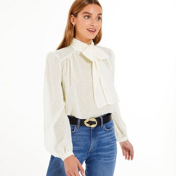 Off White Chiffon Spot Tie Neck Blouse