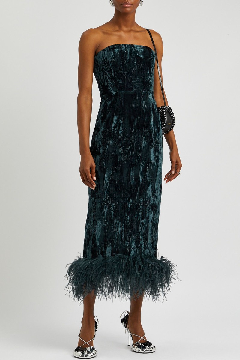Minelli Feather-Trimmed Velvet Midi Dress from 16 Arlington