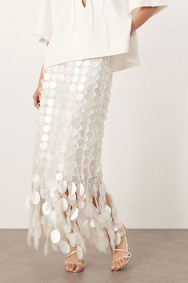 Futurist Sequin Embellished Fringe Hem Midi Skirt from Arrange