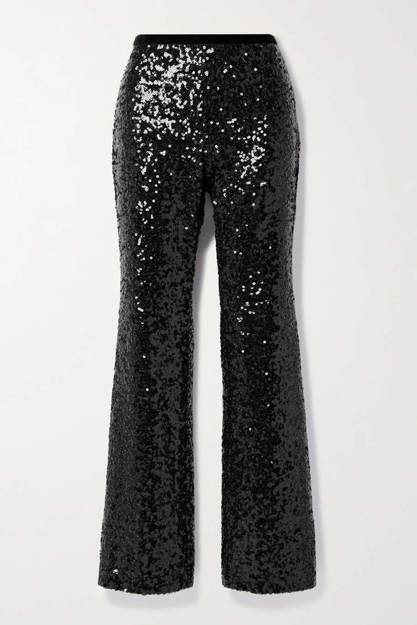 Journee Velvet-Trimmed Sequined Crepe Straight-Leg Pants from LoveShackFancy