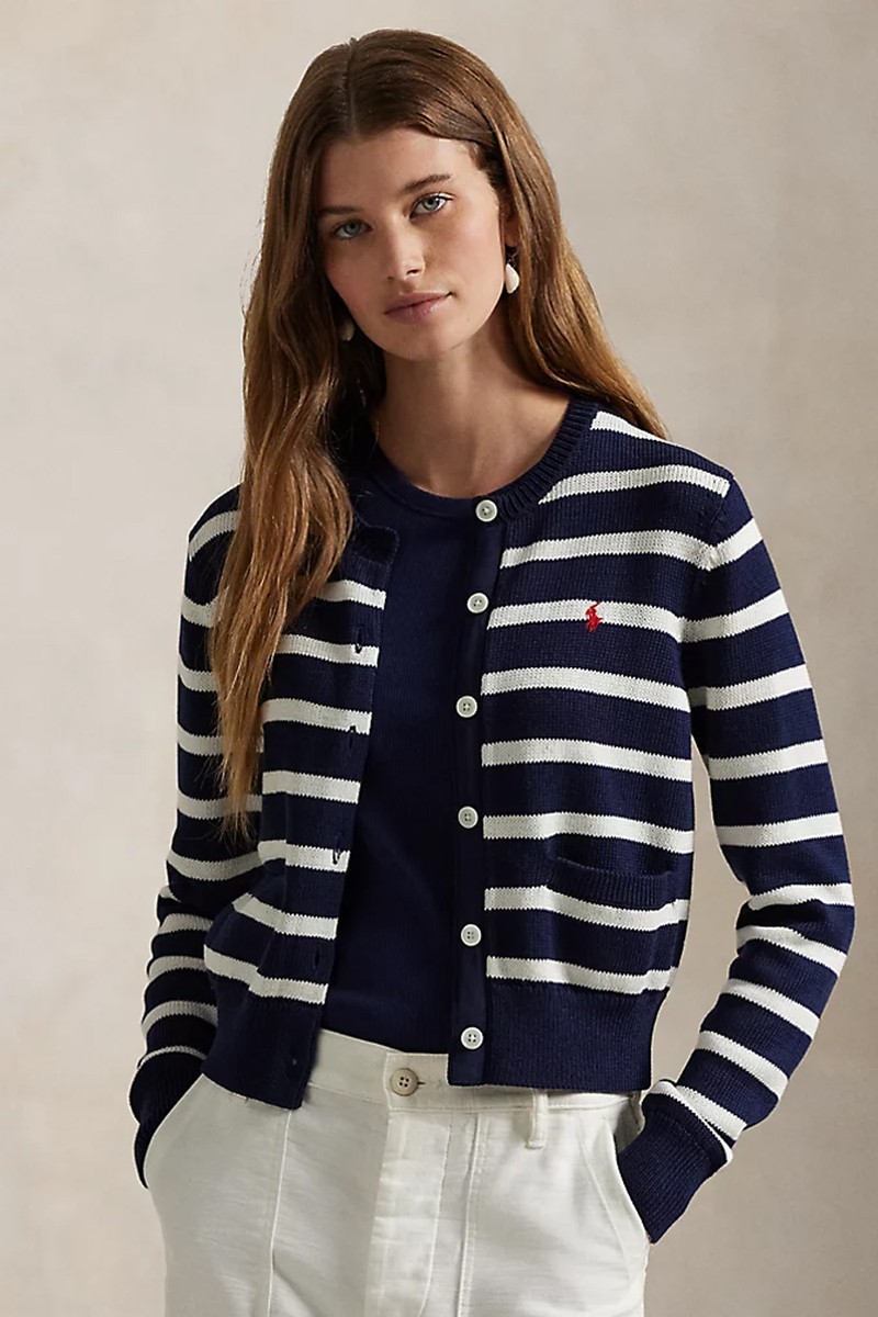 Striped Cotton Crewneck Cardigan