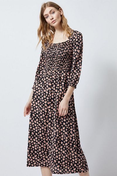 Tall Black Ditsy Print Shirred Dress