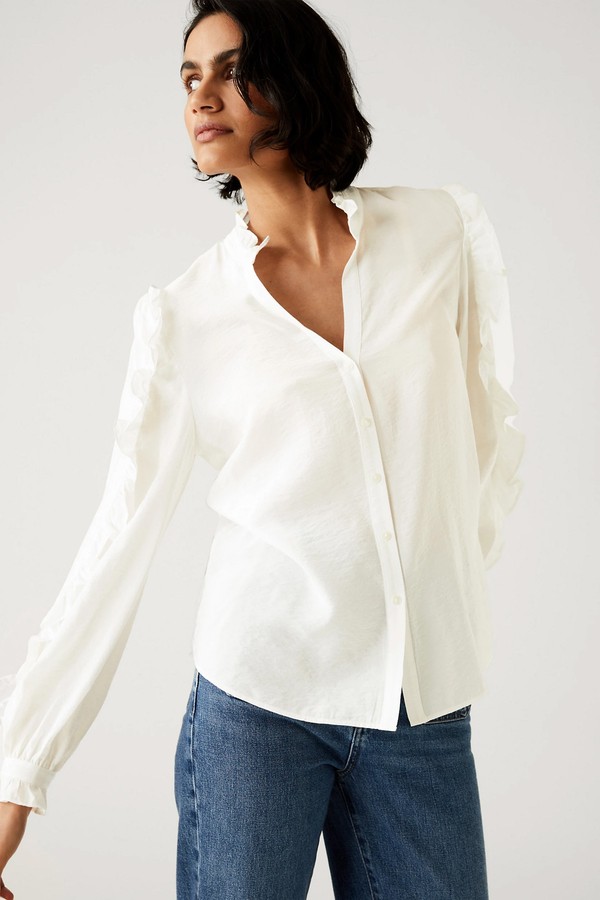 V-Neck Frill Detail Button Through Blouse from Marks & Spencer