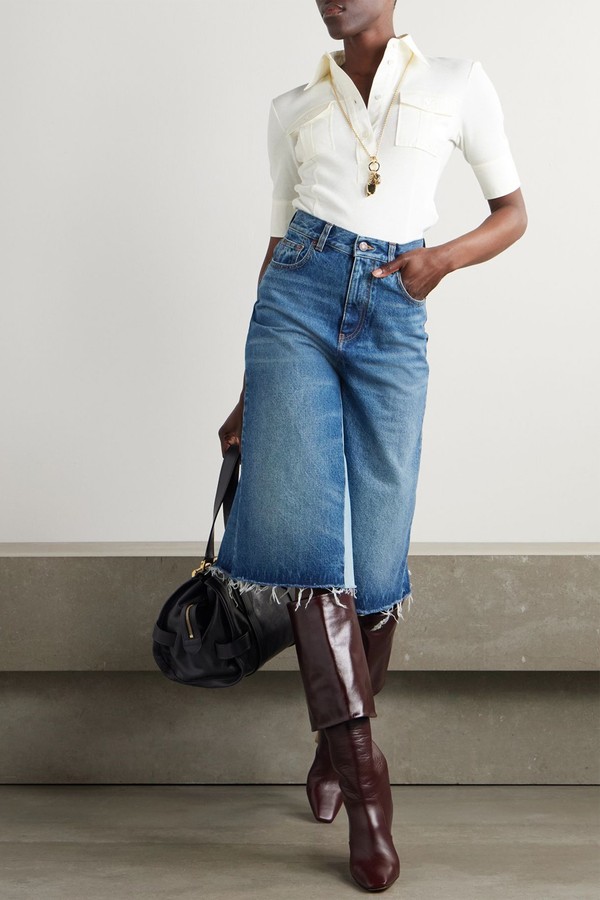 Frayed Patchwork Denim Wide-Leg Culottes from CHLOÉ