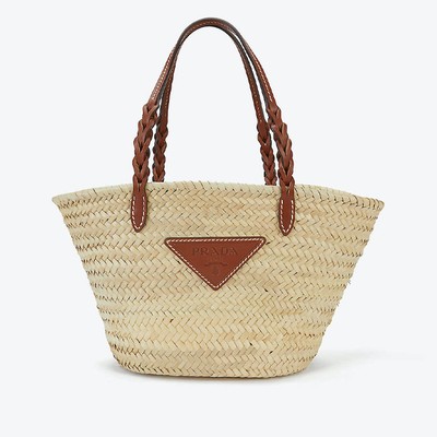 Branded Wicker & Leather Basket Tote Bag from Prada