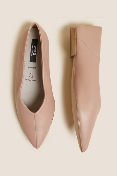 Wide Fit Leather Pointed Ballet Pumps