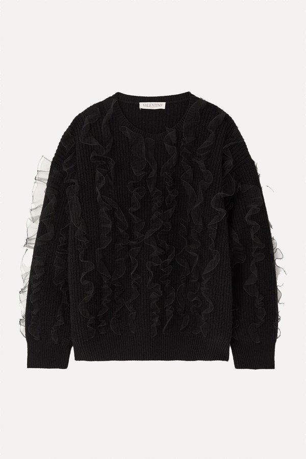 Ruffled Tulle-Trimmed Ribbed Wool Sweater from Valentino Garavani