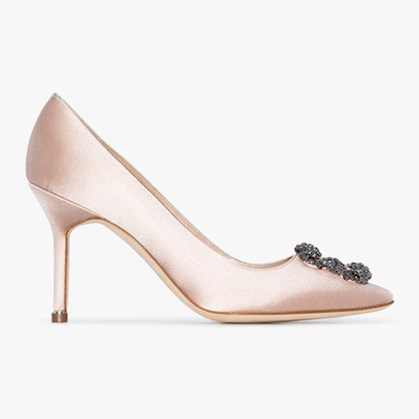 Pink Hangisi Crystal Buckle Satin Pumps from Manolo Blahnik