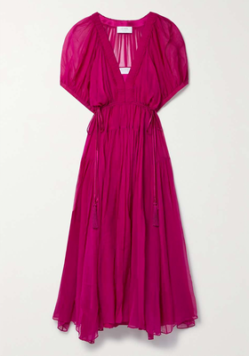 Constance Tasselled Shirred Silk Chiffon Midi Dress from La Ligne