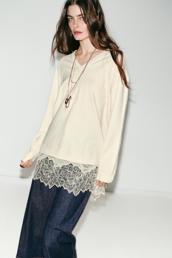 Long Knit Jumper With Lace Detail