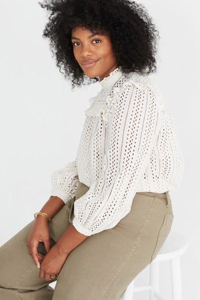 Eyelet Mockneck Ruffle Top