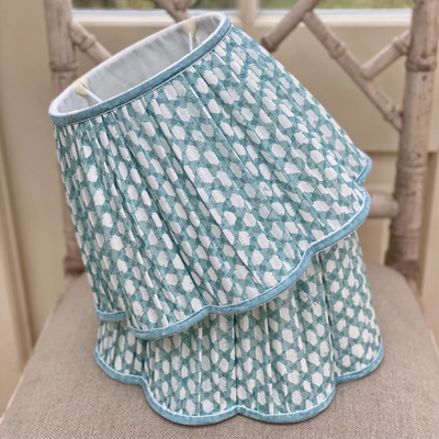 Pair Of Fermoie Wicker Turquoise Daisy Shades 12”