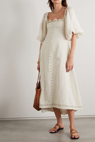 Rylee Crochet-Trimmed Ruffled Linen Midi Dress