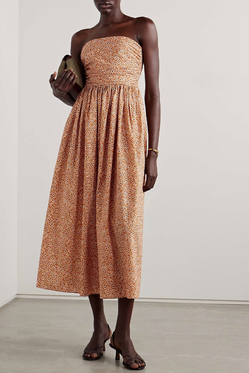 Strapless Floral-Print Gathered Organic Cotton-Poplin Midi Dress from MATTEAU