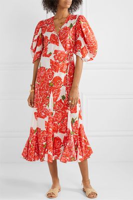 Fiona Floral-Print Cotton-Voile Wrap Midi Dress from Rhode