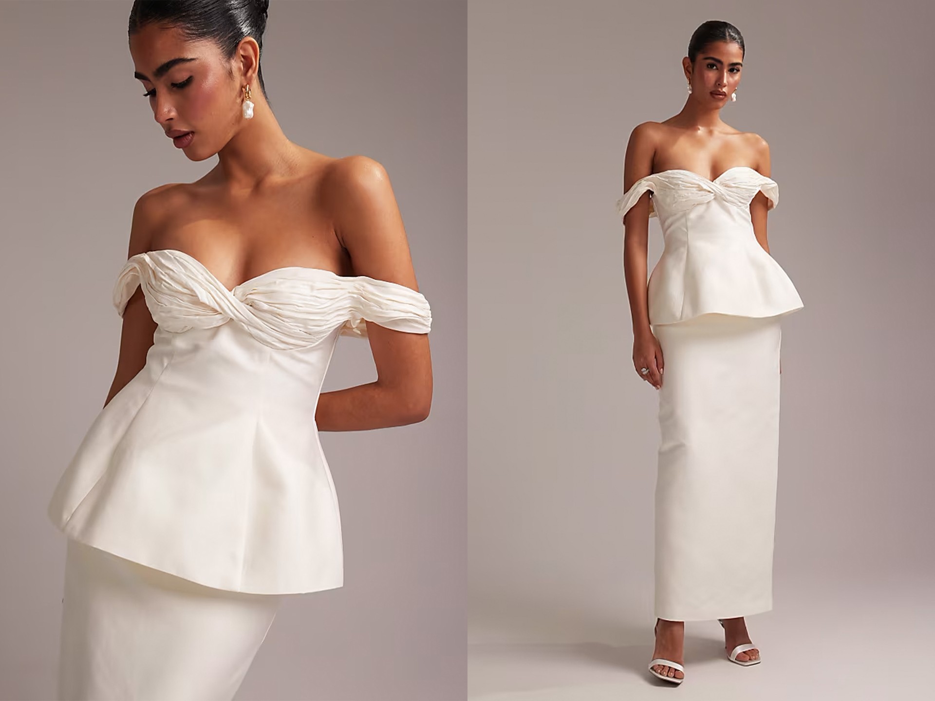 Ruched Off Shoulder Structured Midaxi Wedding Dress from ASOS