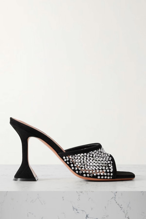 Lupita Crystal-Embellished Fishnet & Suede Mules from Amina Muaddi