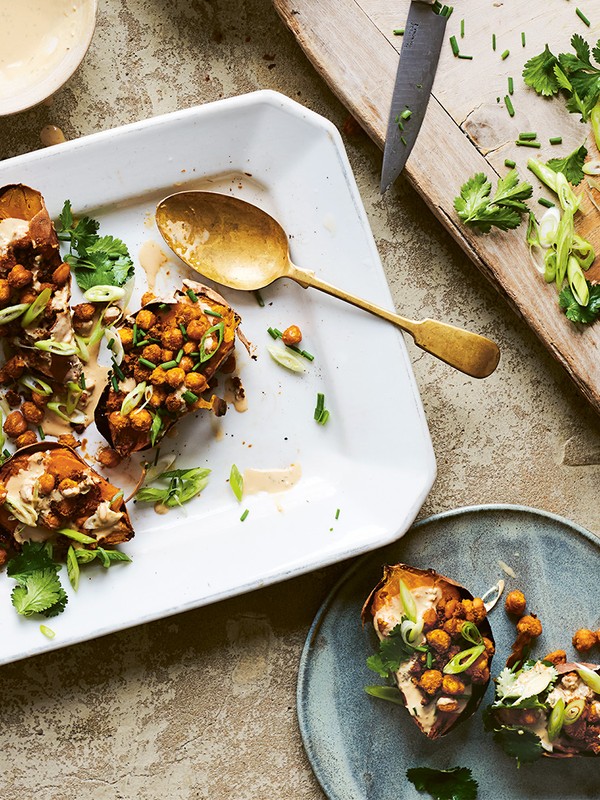Baked Sweet Potato, Crispy Chickpeas With Tahini Dressing