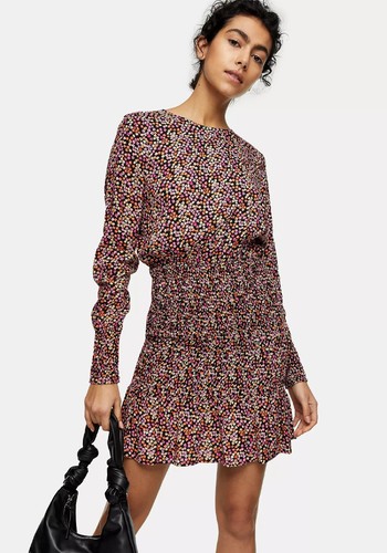 Floral Print Shirred Mini Dress