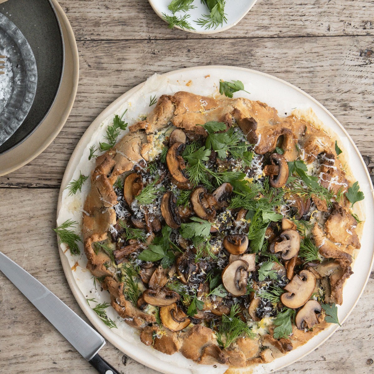 Buckwheat Galette Filled With Mushrooms, Ricotta, Lemon Zest & Spring Green Herbs  