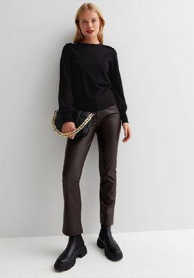 Dark Brown Leather-Look Trousers