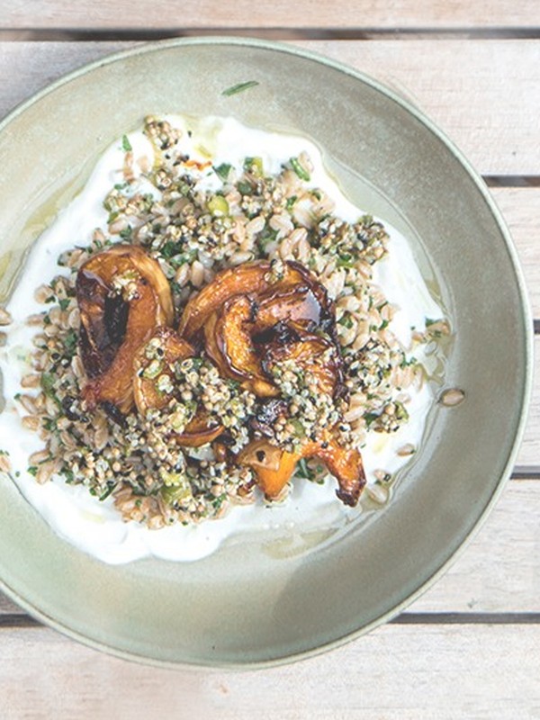Squash with Farro, Goat's Curd & Dukkha