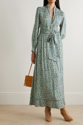 Krizia Belted Embroidered Floral-Print Twill Maxi Dress