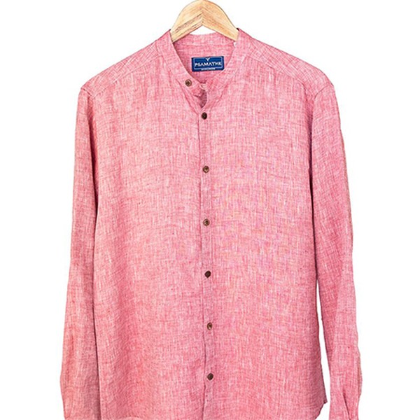 Linen Collarless Shirt Burgundy from Psamanthe Mykonos