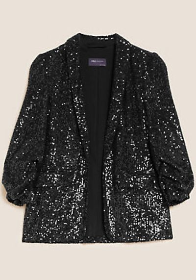 Relaxed Sequin Ruched Sleeve Blazer