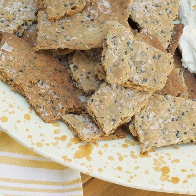 Seeded Spelt Crackers, Labneh, Confit Garlic & Lemon