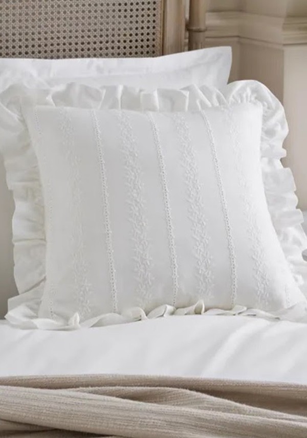 Broderie Anglaise Frilled Cotton Square Cushion Cover 