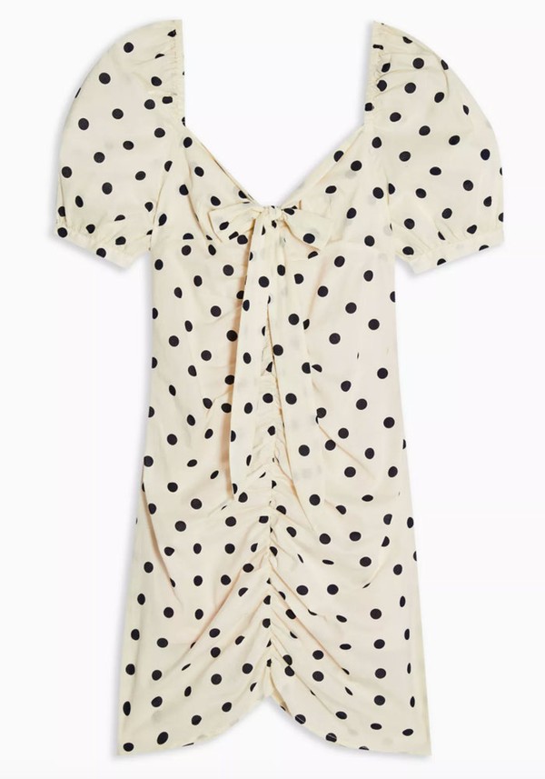 Black & White Ruched Spot Tie Front Mini Dress