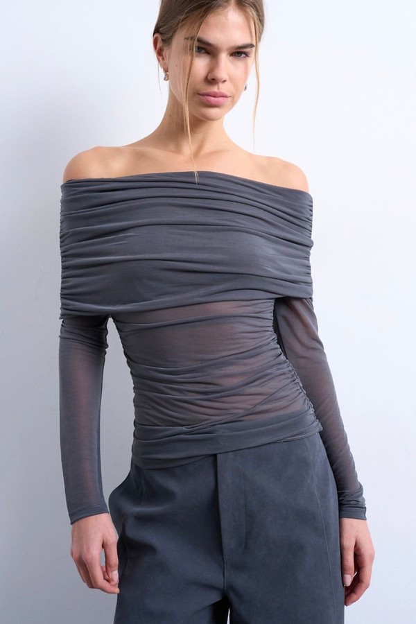 Mesh Bardot Fold Over Long Sleeve Top