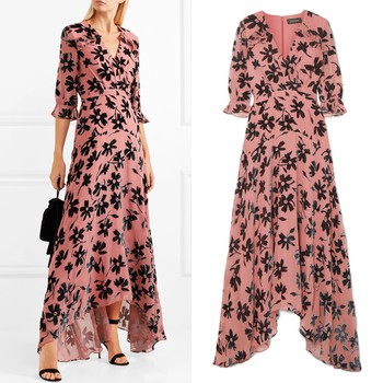 Ruffled Flocked Chiffon Maxi Dress from Saloni