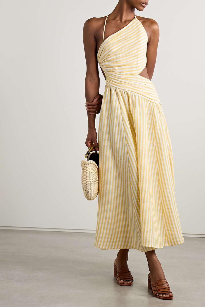 Cascadian Cutout Ruched Striped Linen Midi Dress from Zimmermann