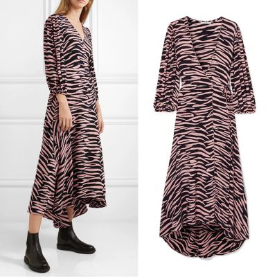 Zebra-Print Crepe Wrap Dress from Ganni