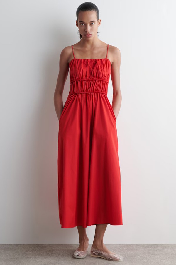 Gathered Cotton Midi Dress