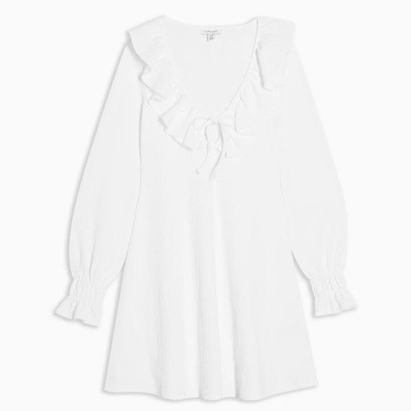 White Crinkle Ruffle Mini Dress