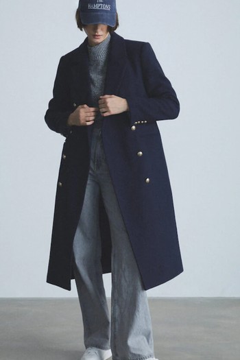 Synthetic Wool Long Coat With Metal Buttons