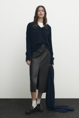 Black Nappa Leather Midi Skirt With Slit from Massimo Dutti