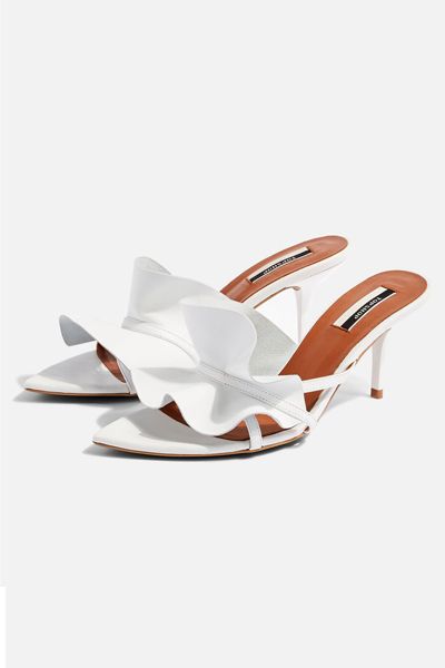 Ruffle White V Point Mules