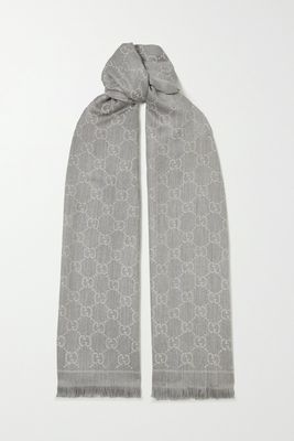 Sten Reversible Fringed Organic Wool-Jacquard Scarf from Gucci