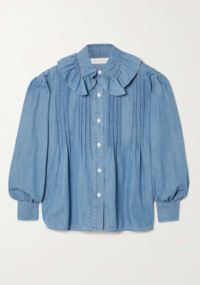 Flou Ruffled Pintucked Denim Blouse from See by Chloé