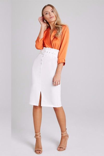 White Belted Paperbag Pencil Skirt