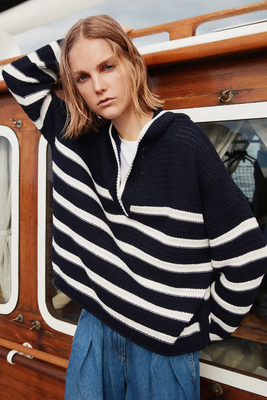 Textured Cotton Boxy Breton Hoody from Me + Em