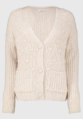 V-Neck Diamond Cable Knit Cardigan With Wool