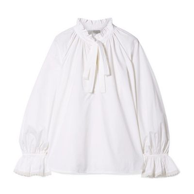 Pussy-Bow Ruffled Cotton-Poplin Top from Lee Mathews