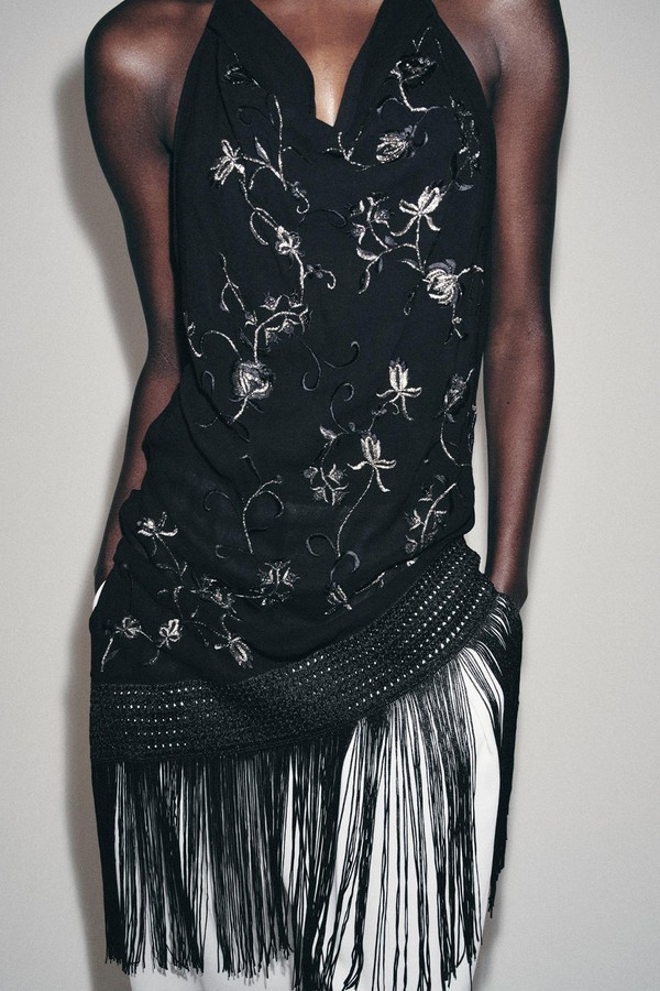 Embroidered Fringed Halter Top