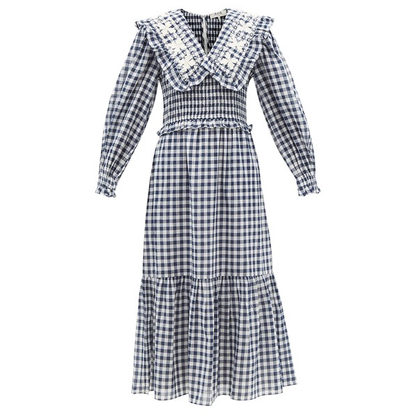 Gina Shirred Embroidered Gingham Cotton-Voile Midi Dress from Sea