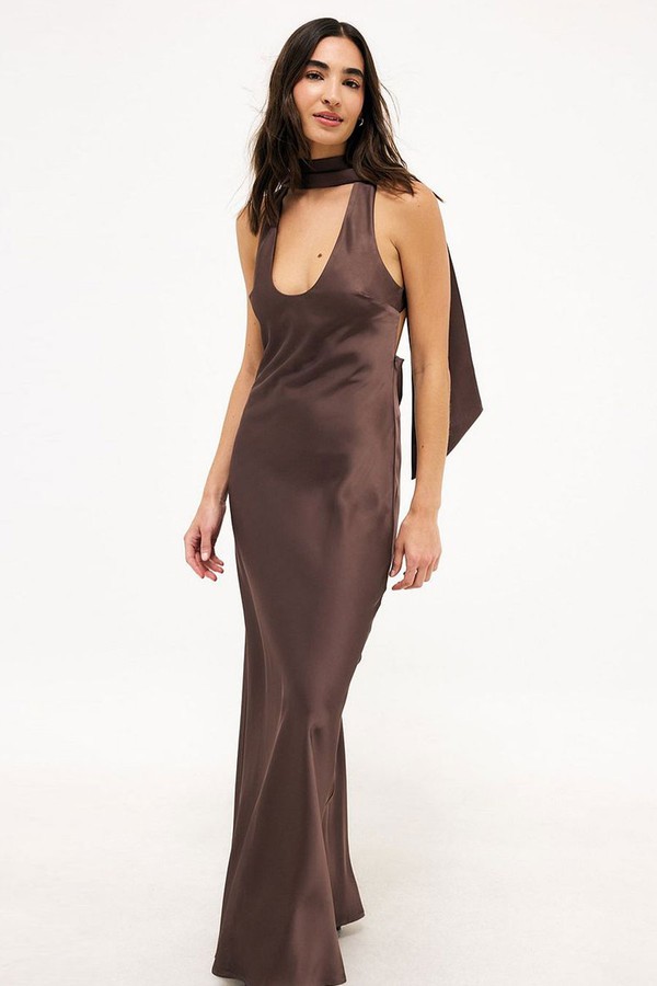 Satin Scoop Neck Scarf Maxi Dress